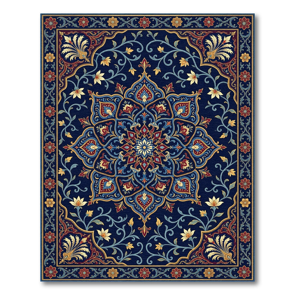 Intricate Navy Floral Medallion Tapestry Rug