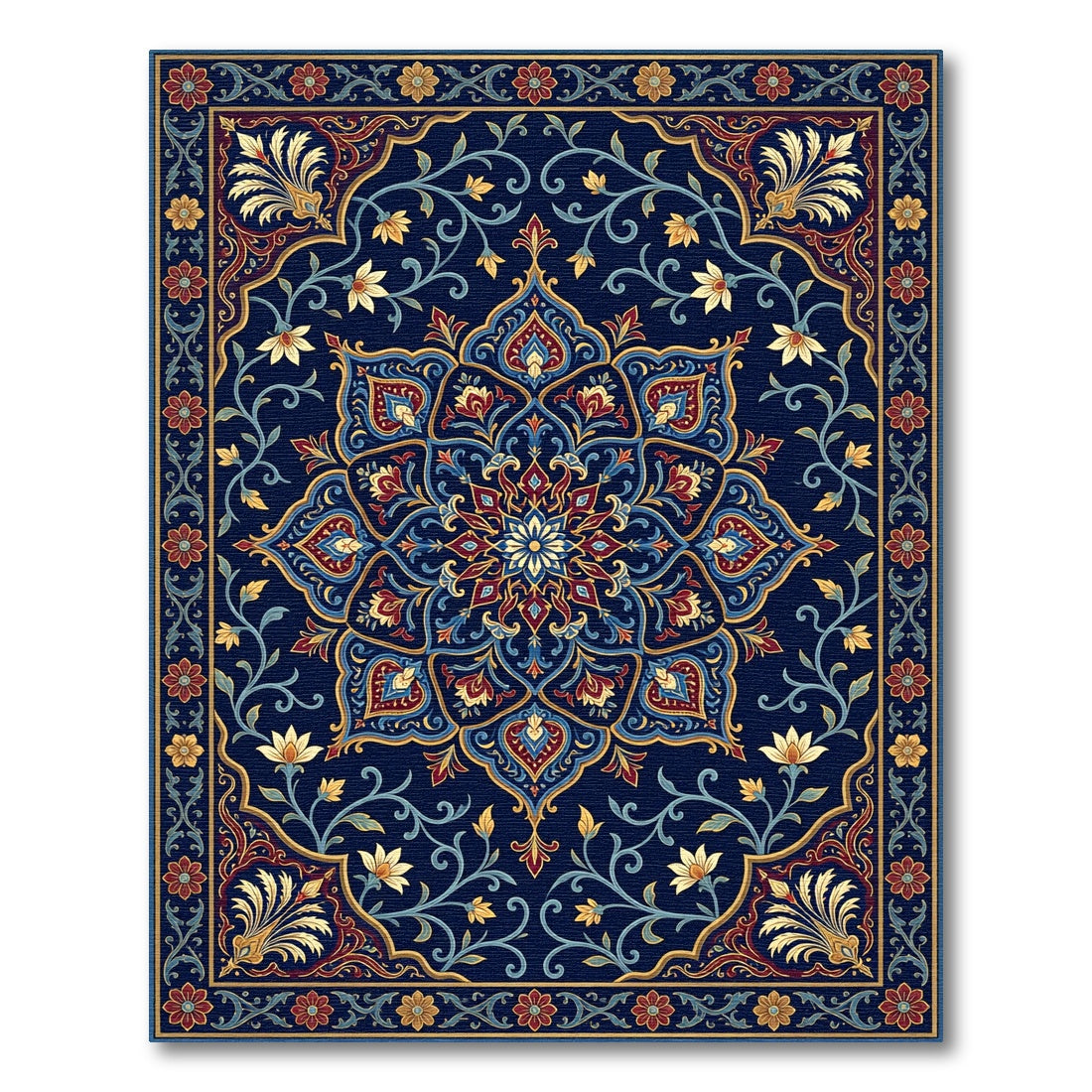 Intricate Navy Floral Medallion Tapestry Rug