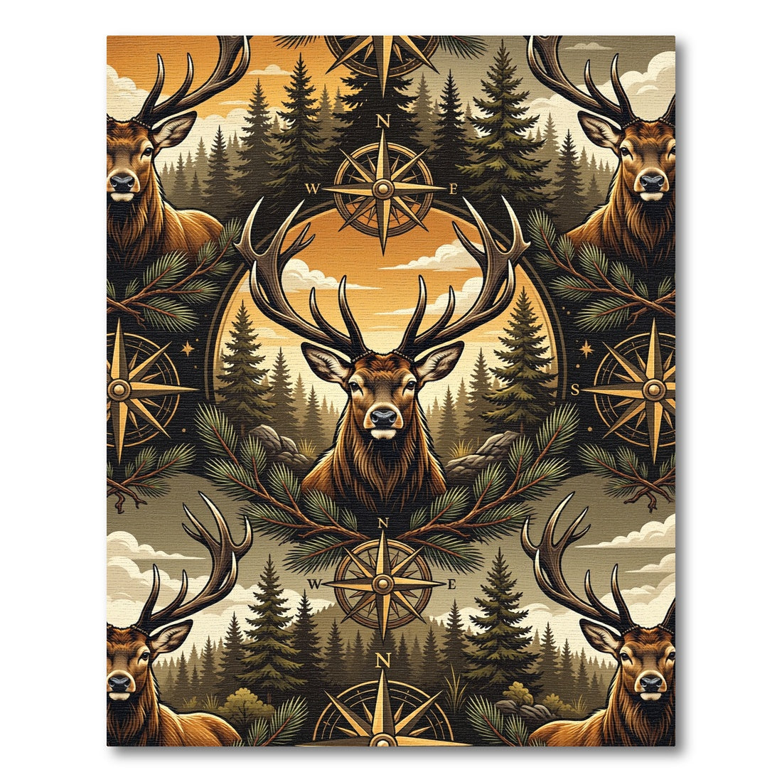 Rustic Golden Forest Elk Compass Rug