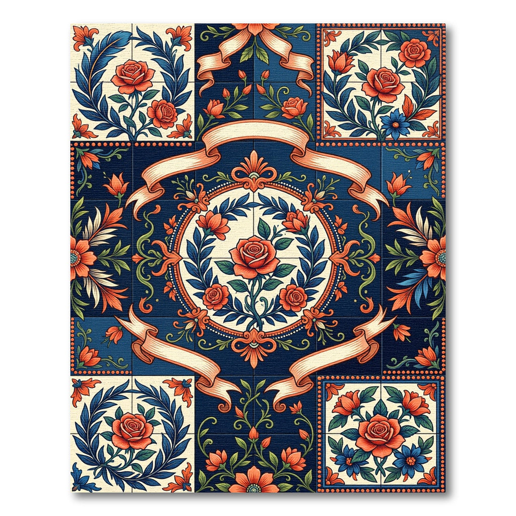 Vintage Navy Floral Rose Medallion Rug