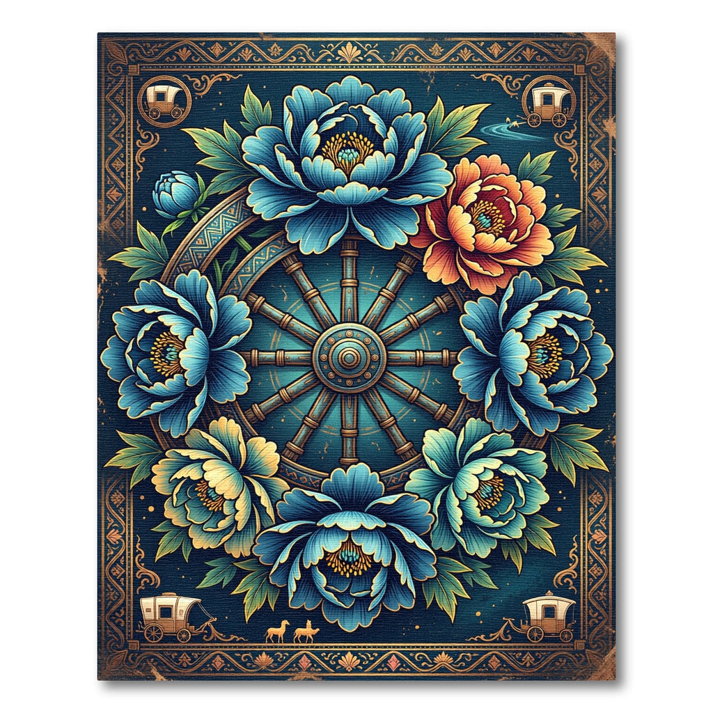 Midnight Azure Peony Carriage Wheel Art Rug