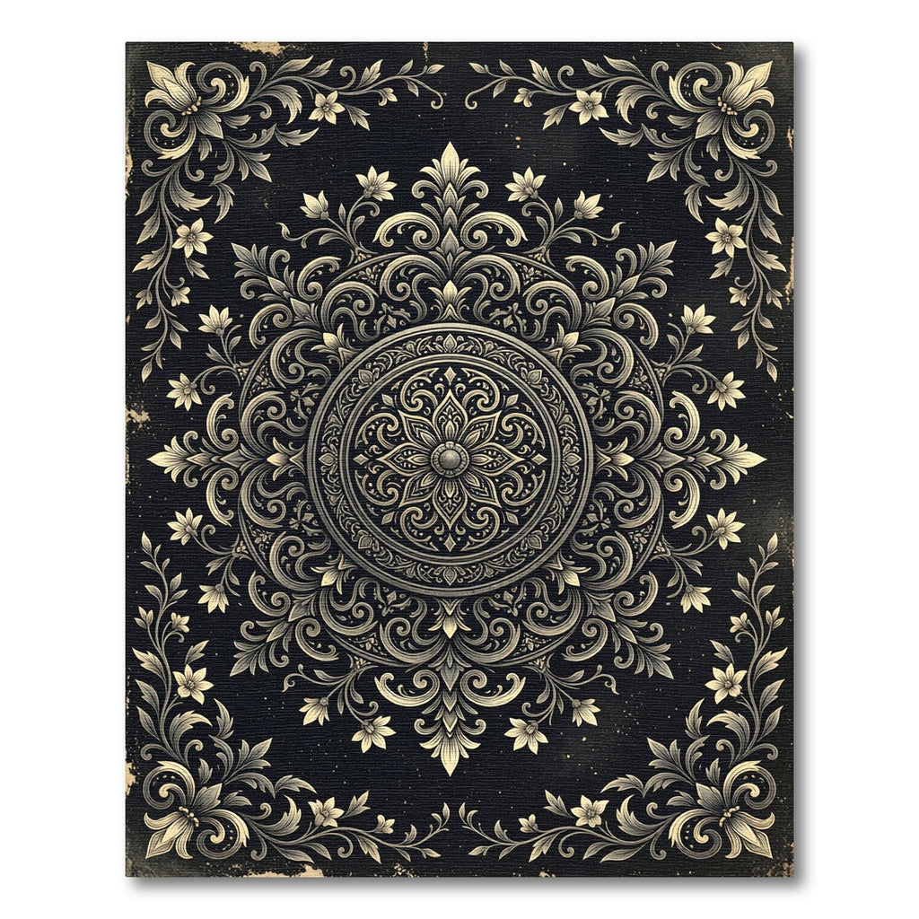 Ornate Black and Gold Floral Mandala Rug