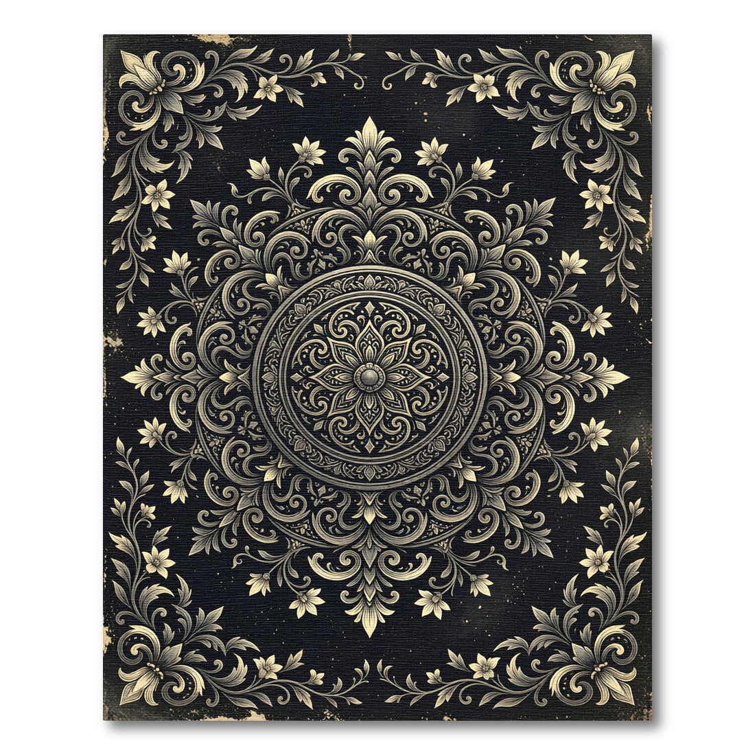 Ornate Black and Gold Floral Mandala Rug