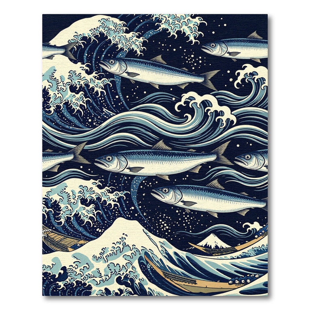 Classic Hokusai Wave and Fish Illustration Rug