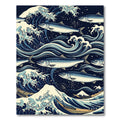 Classic Hokusai Wave and Fish Illustration Rug