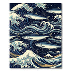 Classic Hokusai Wave and Fish Illustration Rug