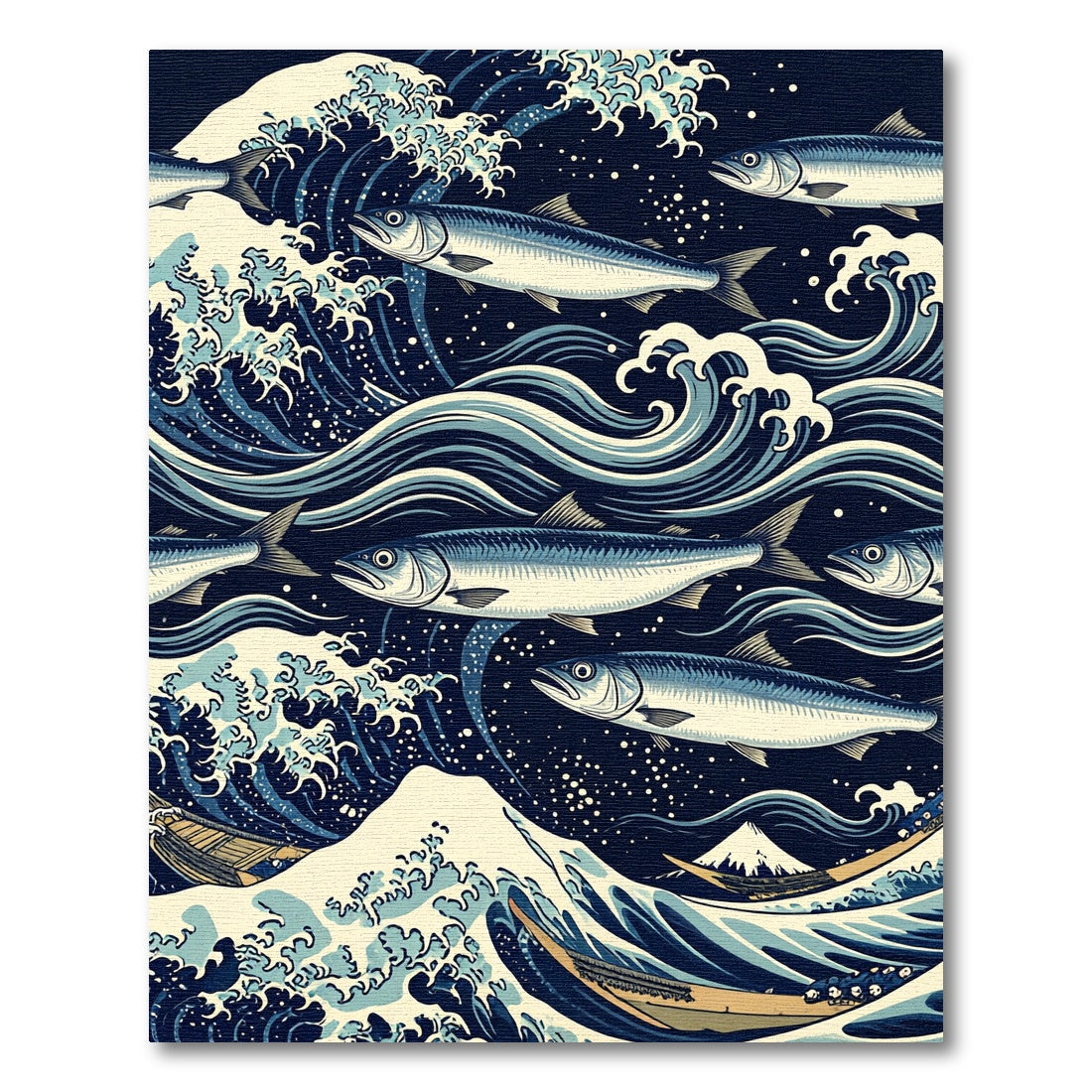 Classic Hokusai Wave and Fish Illustration Rug