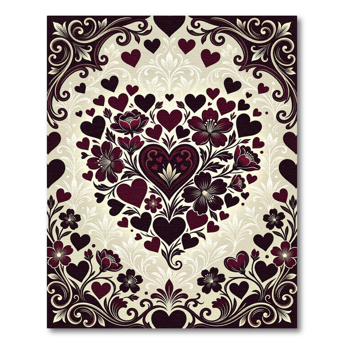 Crimson Heart Floral Scrollwork Border Rug