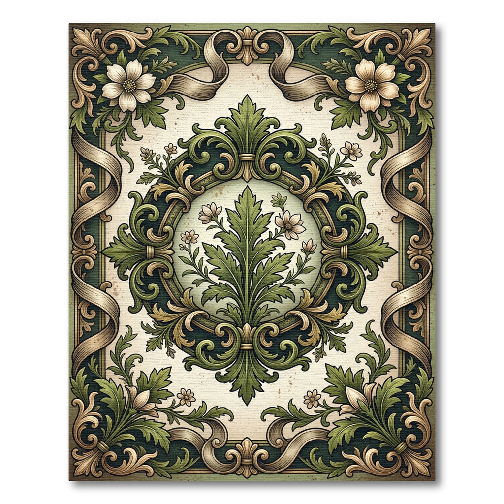 Vintage Sage Floral Scroll Medallion Rug