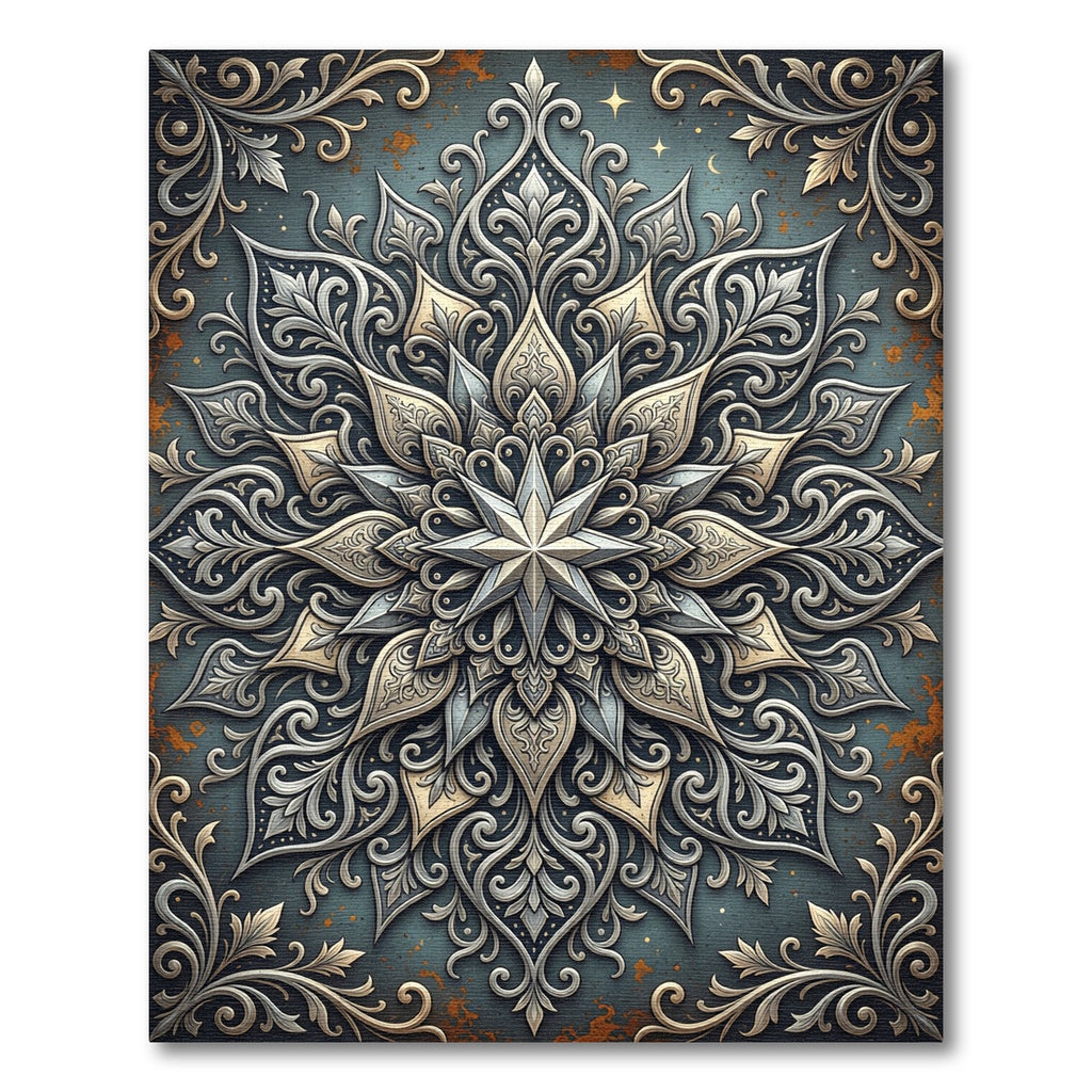 Ornate Celestial Silver Gold Mandala Rug