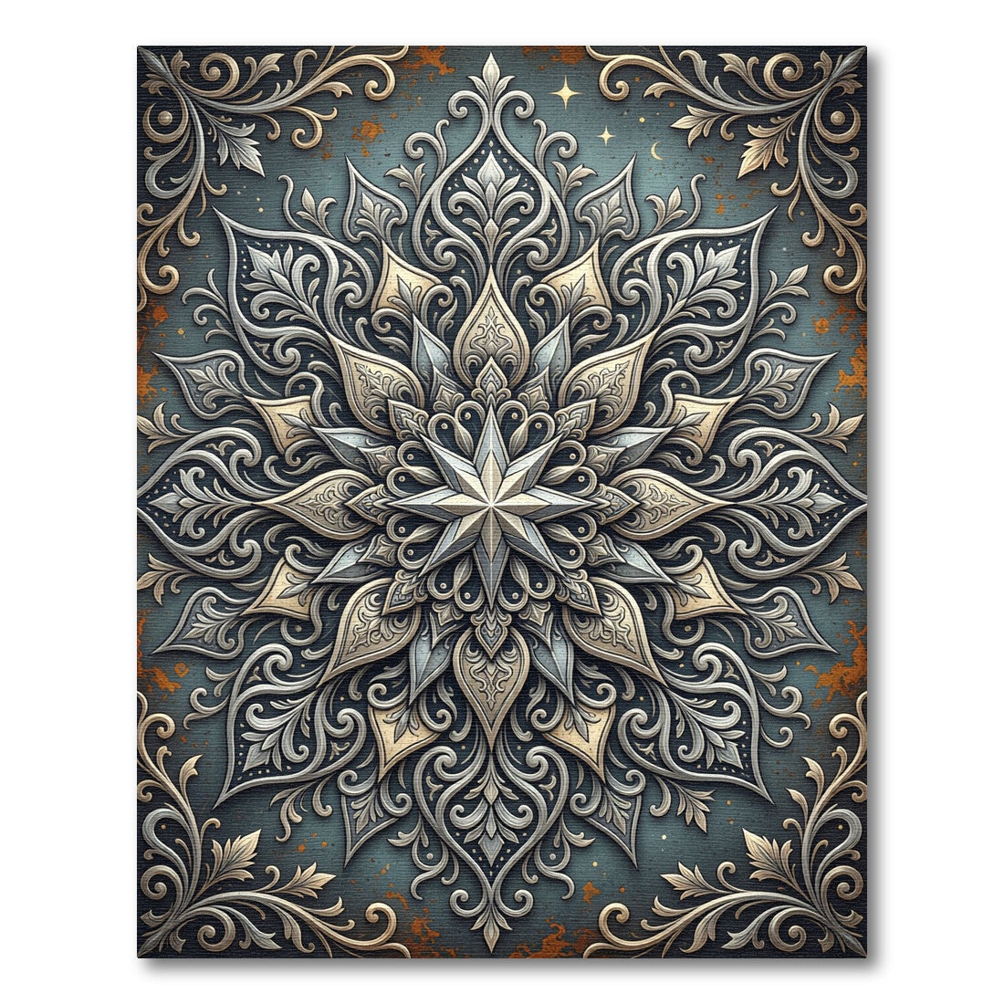 Ornate Celestial Silver Gold Mandala Rug