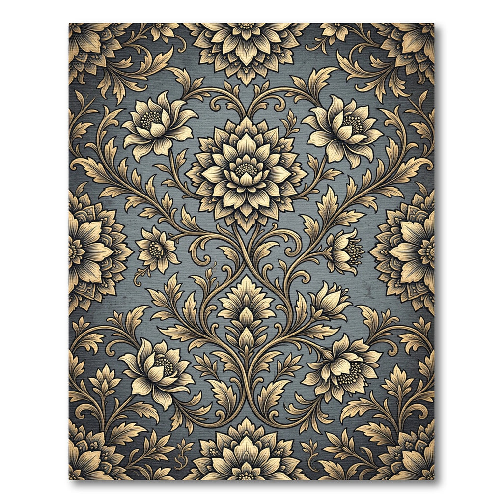 Elegant Gold Floral Damask Charcoal Rug