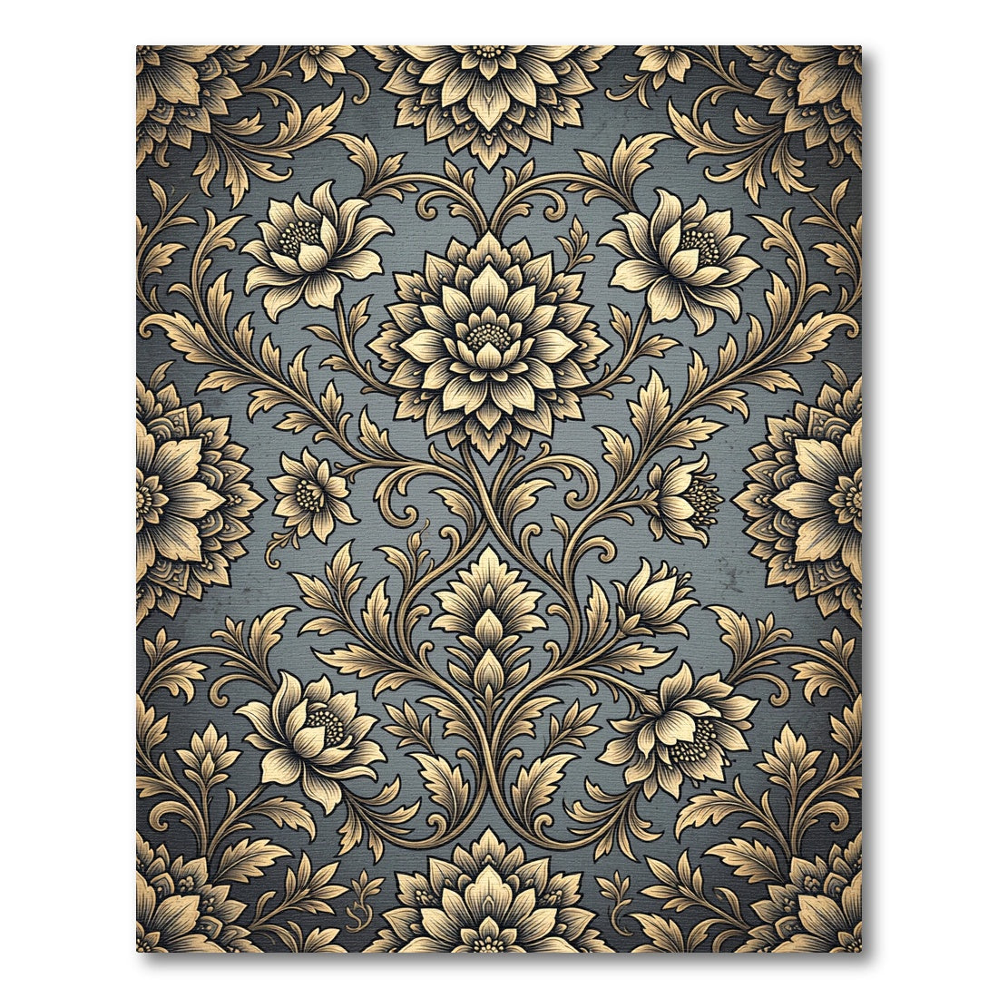 Elegant Gold Floral Damask Charcoal Rug