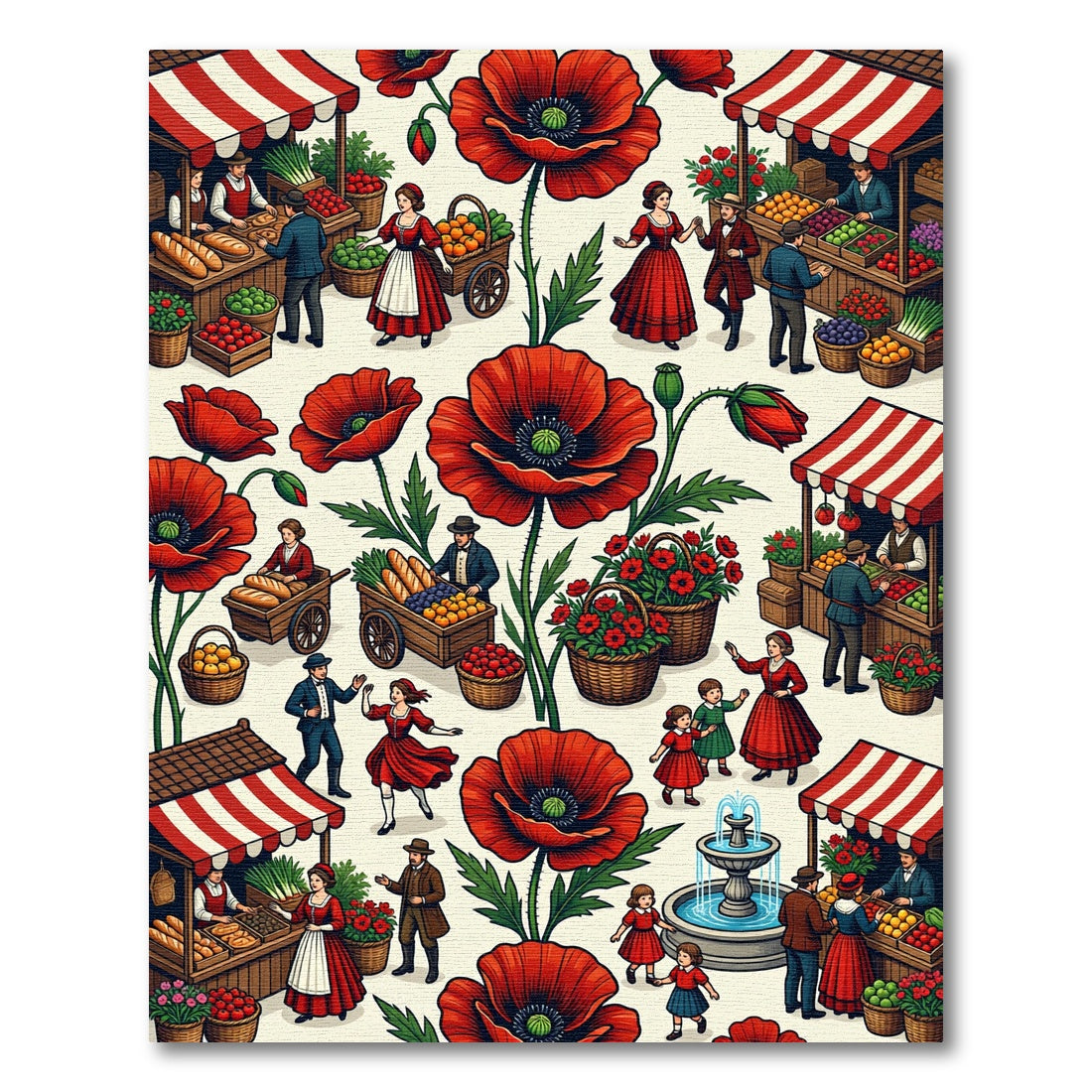 Vintage Scarlet Poppy Market Scene Rug