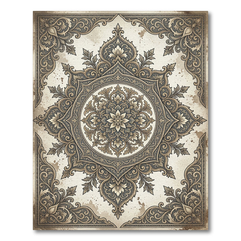 Ornate Neutral Floral Medallion Scroll Rug