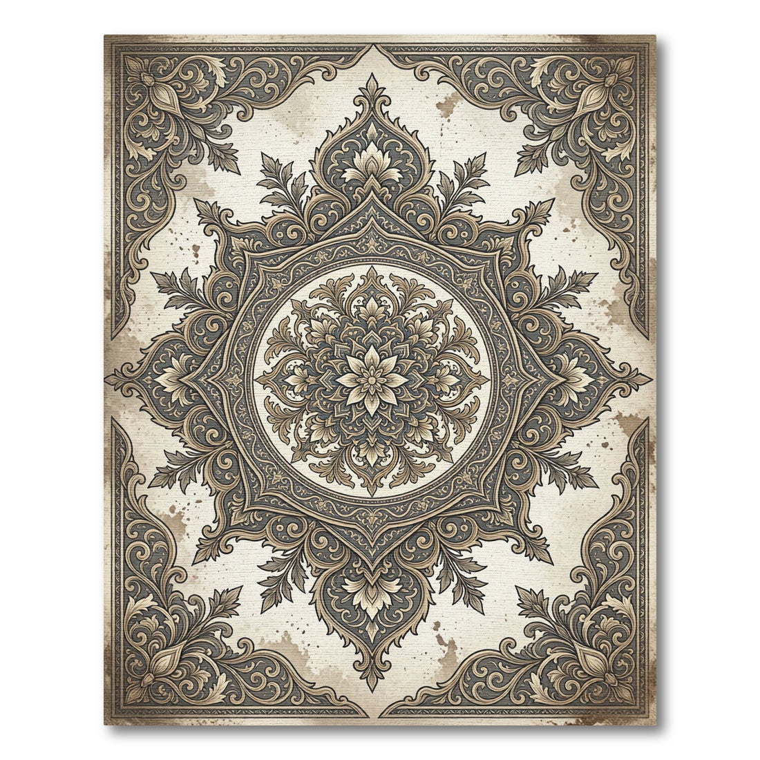 Ornate Neutral Floral Medallion Scroll Rug