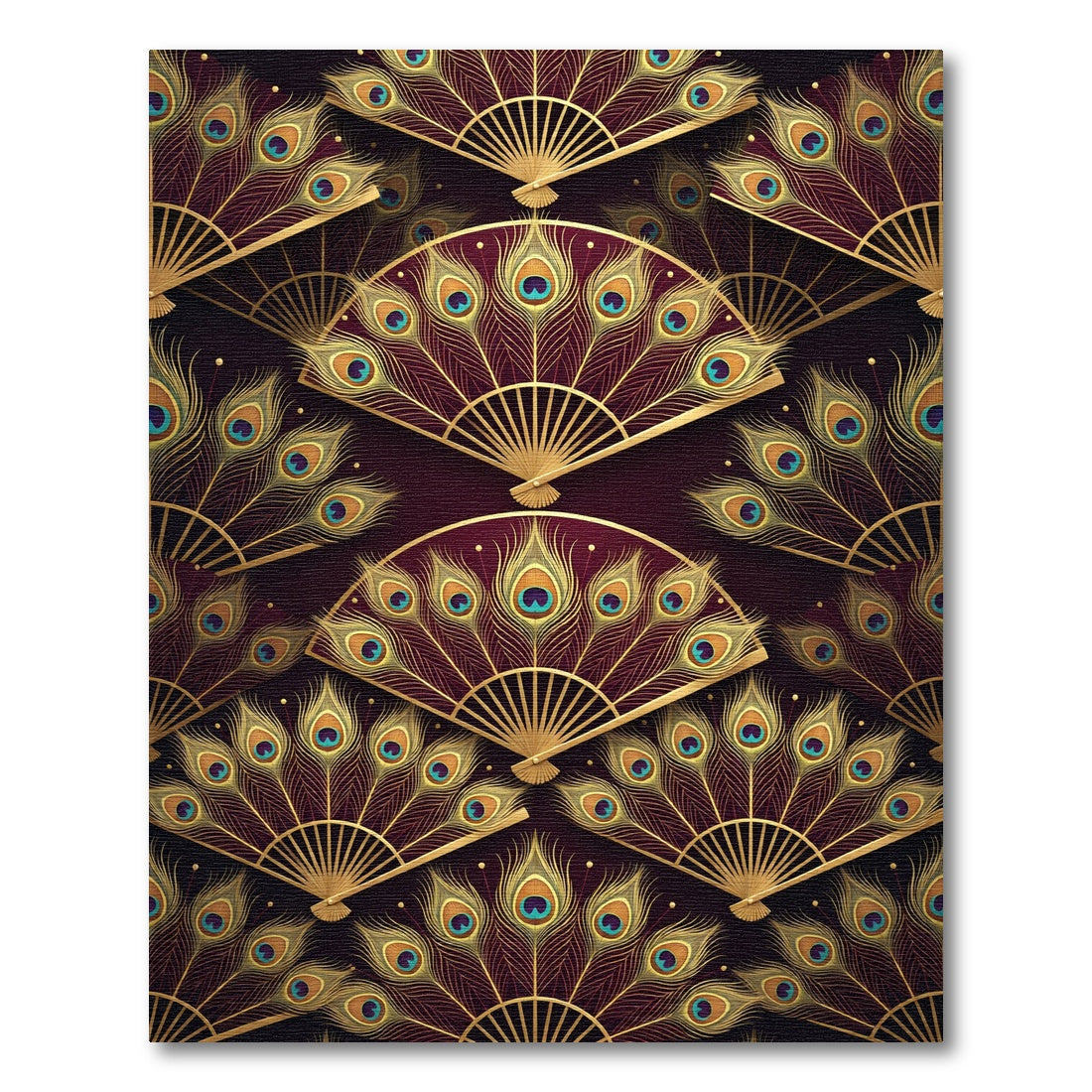 Elegant Gold Peacock Fan Dark Burgundy Rug