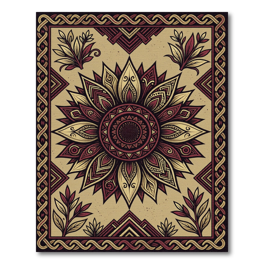 Crimson Gold Floral Sunburst Medallion Rug