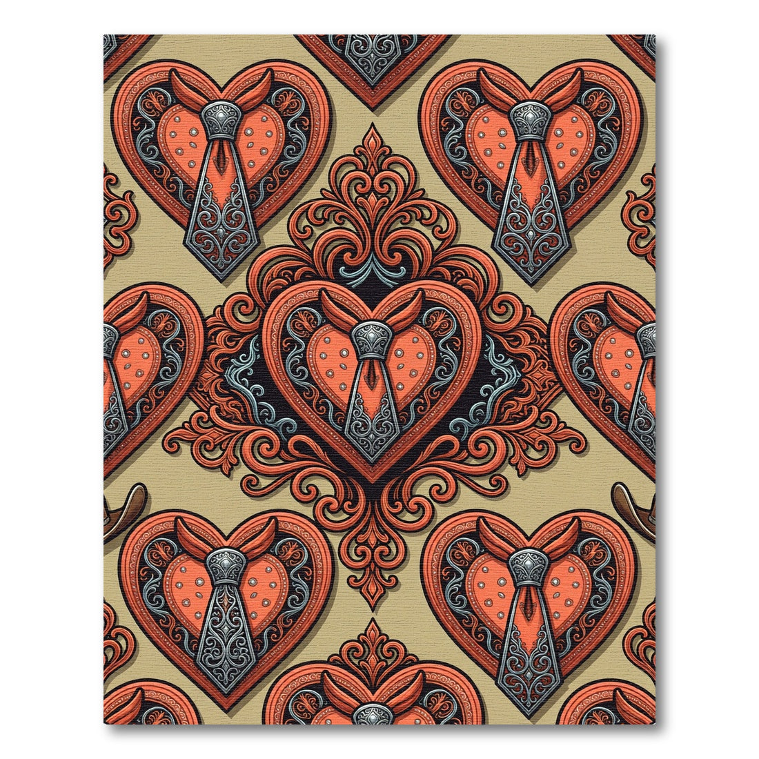 Orange Heart Ornate Scroll Tie Rug