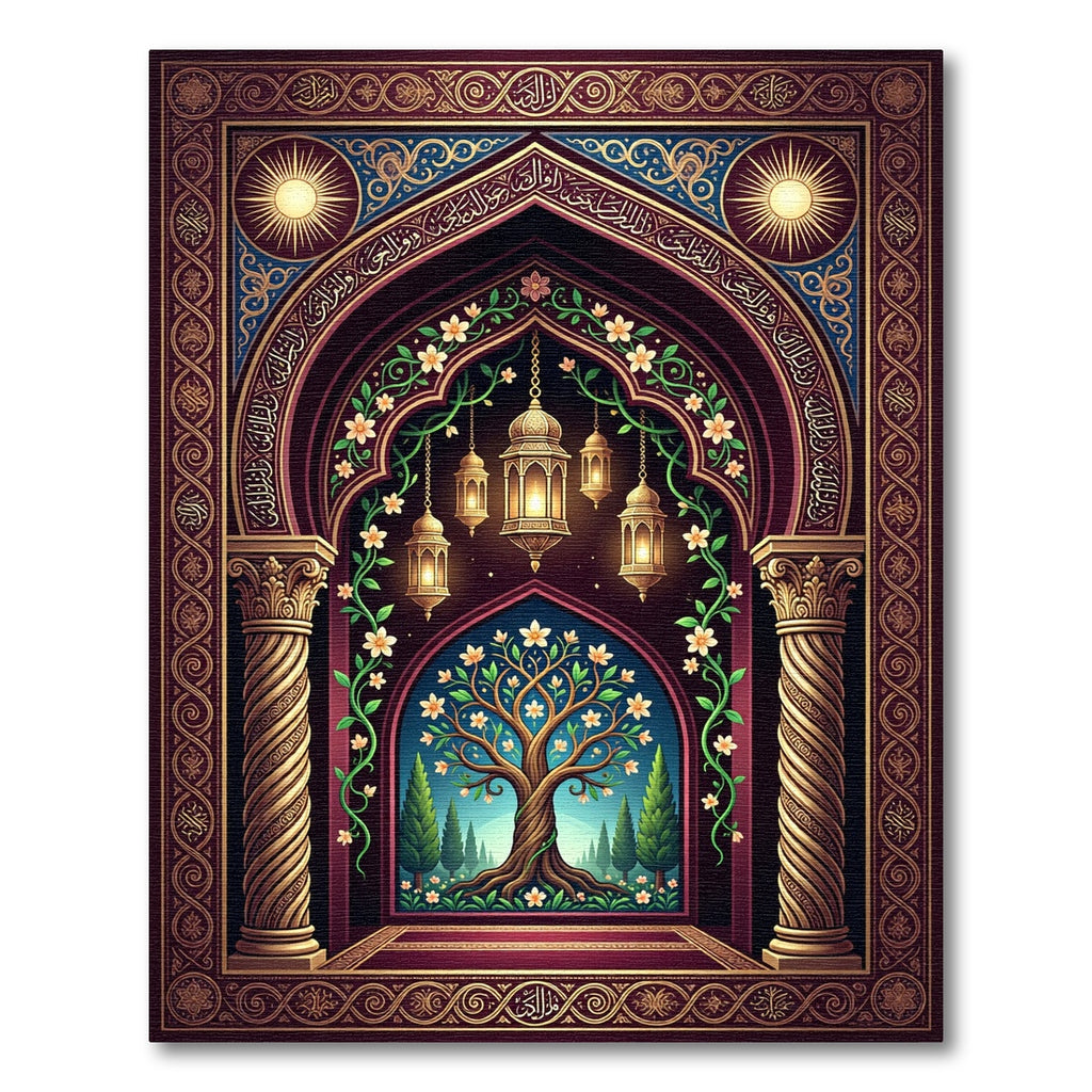 Ornate Golden Tree Lantern Arch Rug