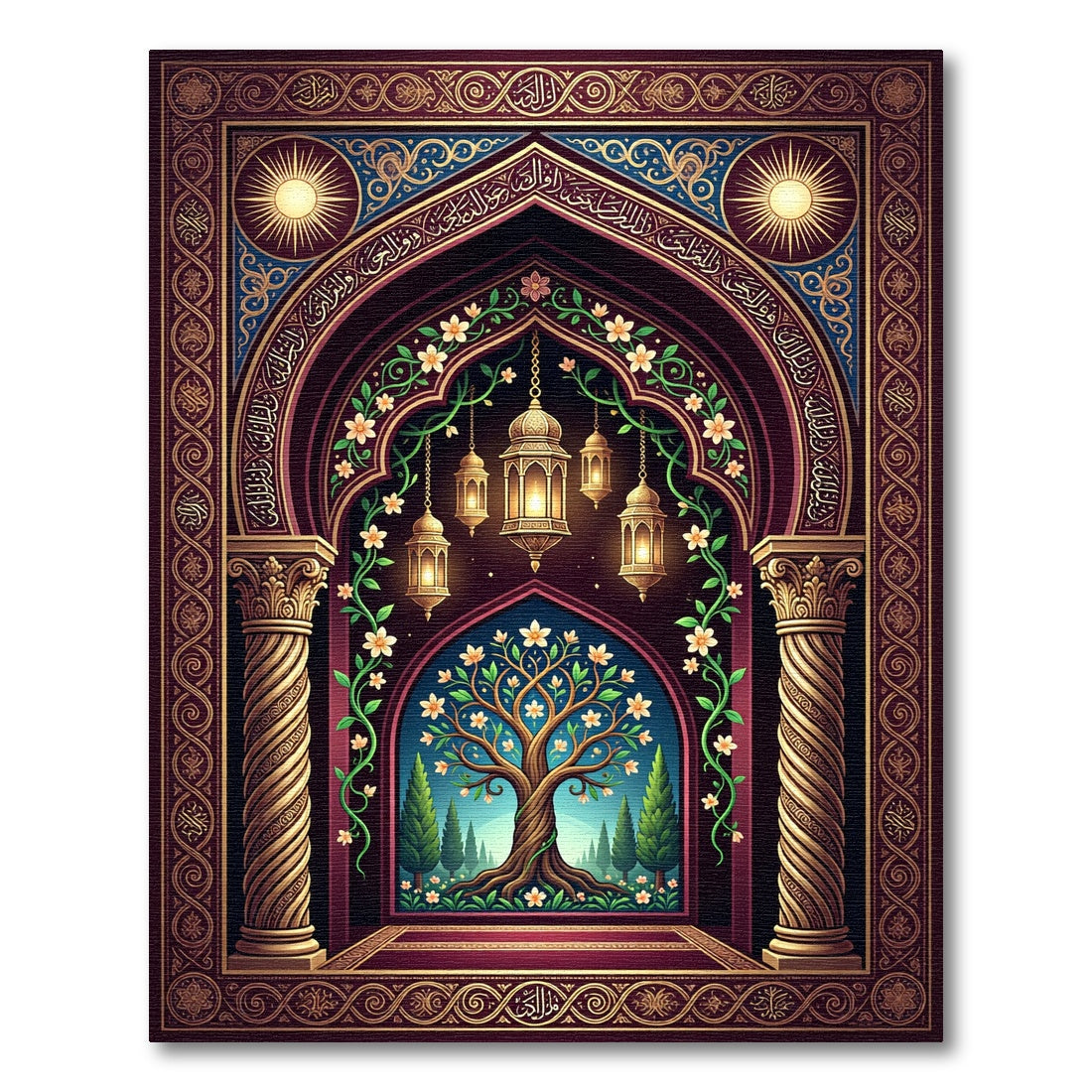 Ornate Golden Tree Lantern Arch Rug