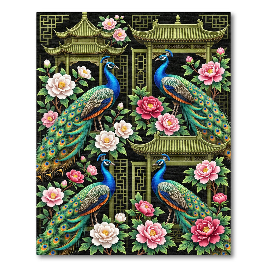 Ornate Peacock Peony Pagoda Chinoiserie Rug