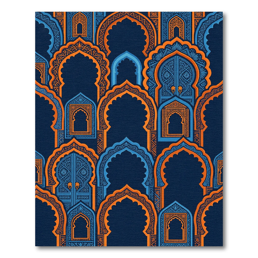 Ornate Blue and Orange Arched Gate Rug