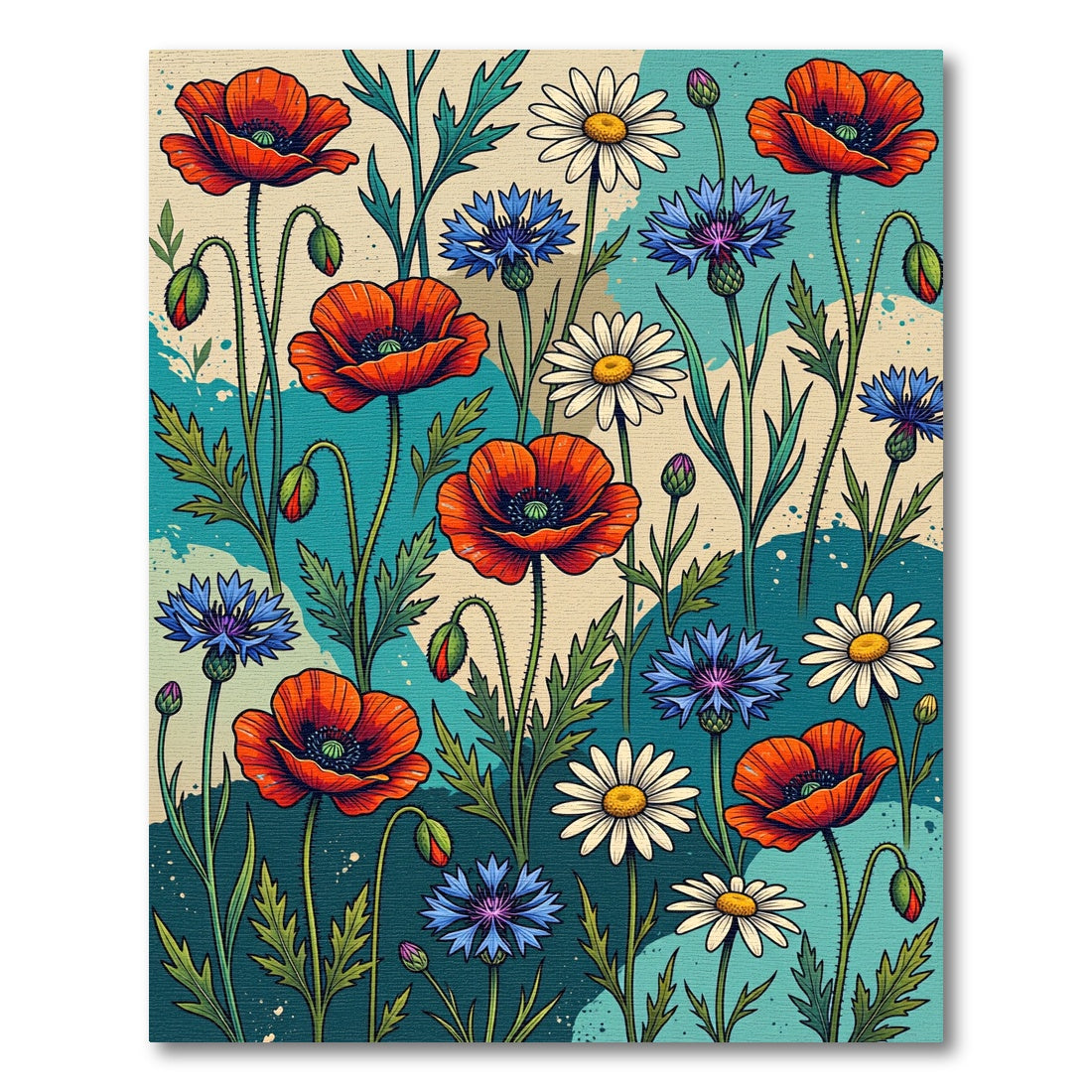 Vibrant Meadow Poppy Daisy Floral Tapestry Rug