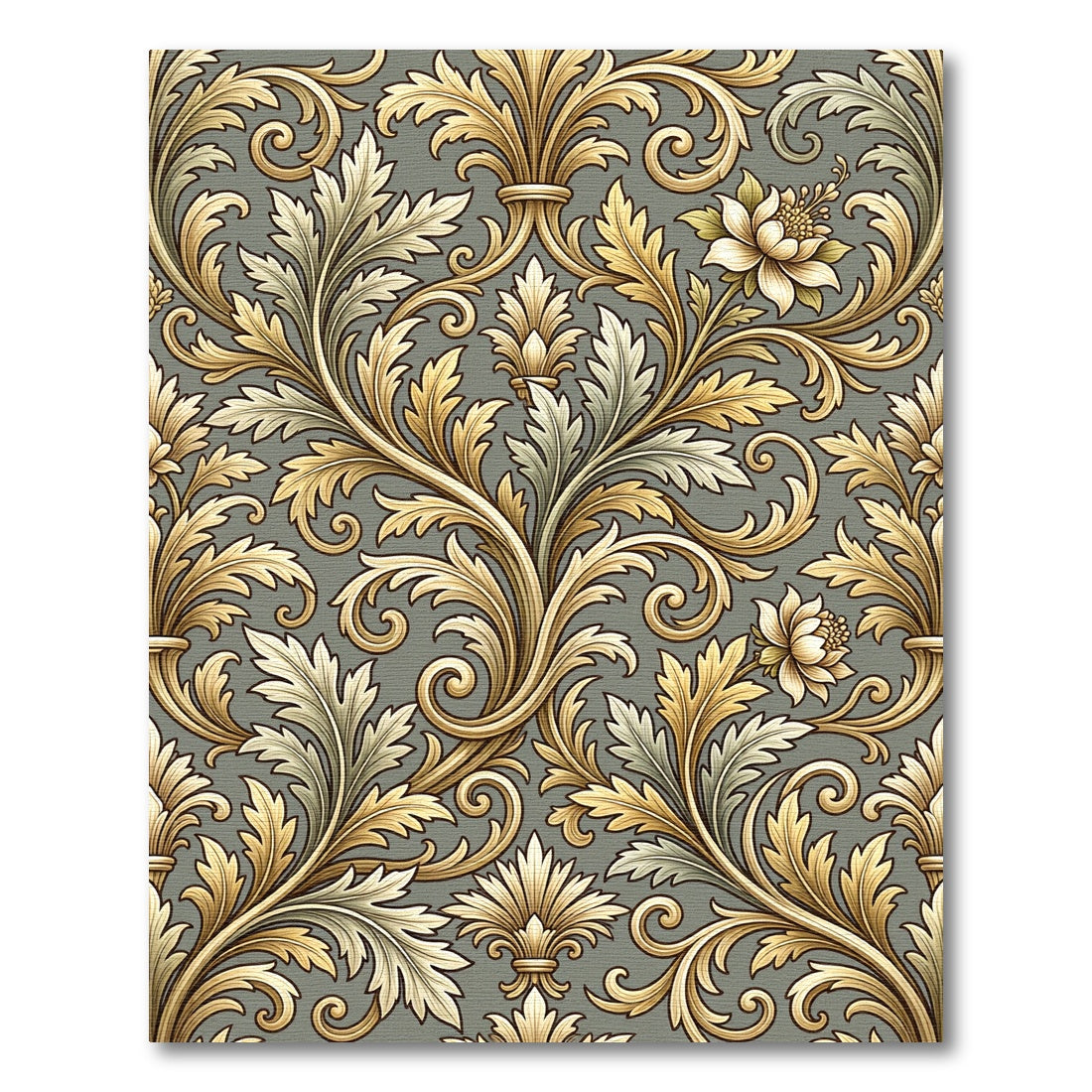 Elegant Golden Scroll Floral Sage Foliage Rug