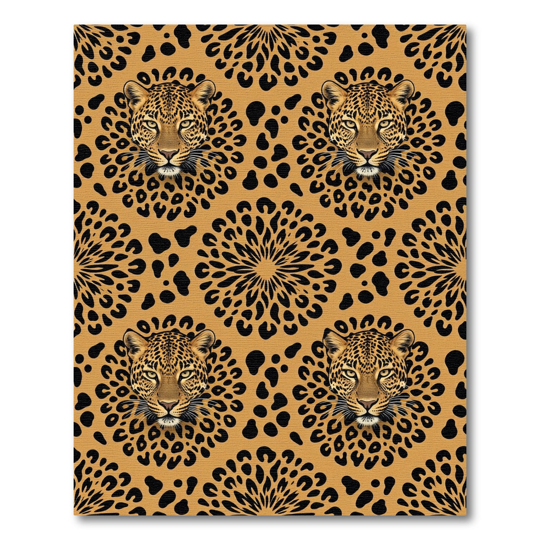 Symmetrical Leopard Head Golden Animal Decor Rug