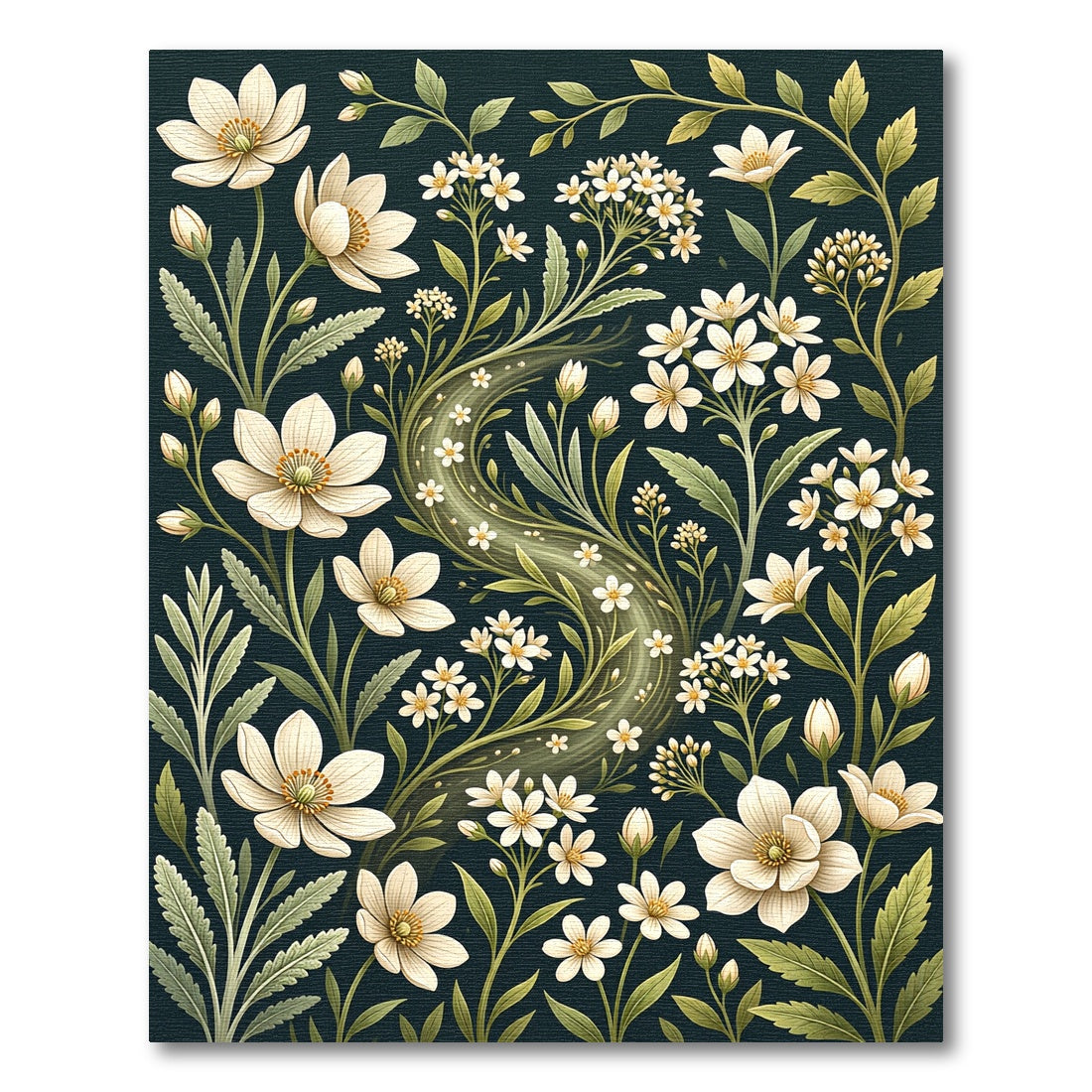 Elegant White Floral Serpentine Botanical Art Rug