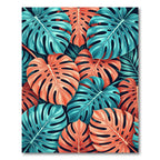 Bold Coral Teal Tropical Monstera Leaves Rug