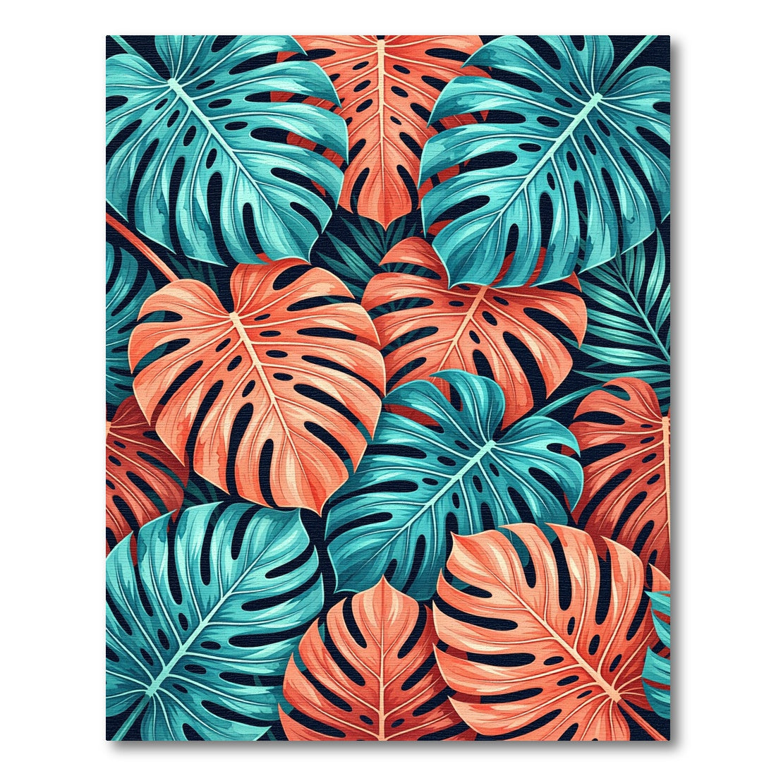 Bold Coral Teal Tropical Monstera Leaves Rug