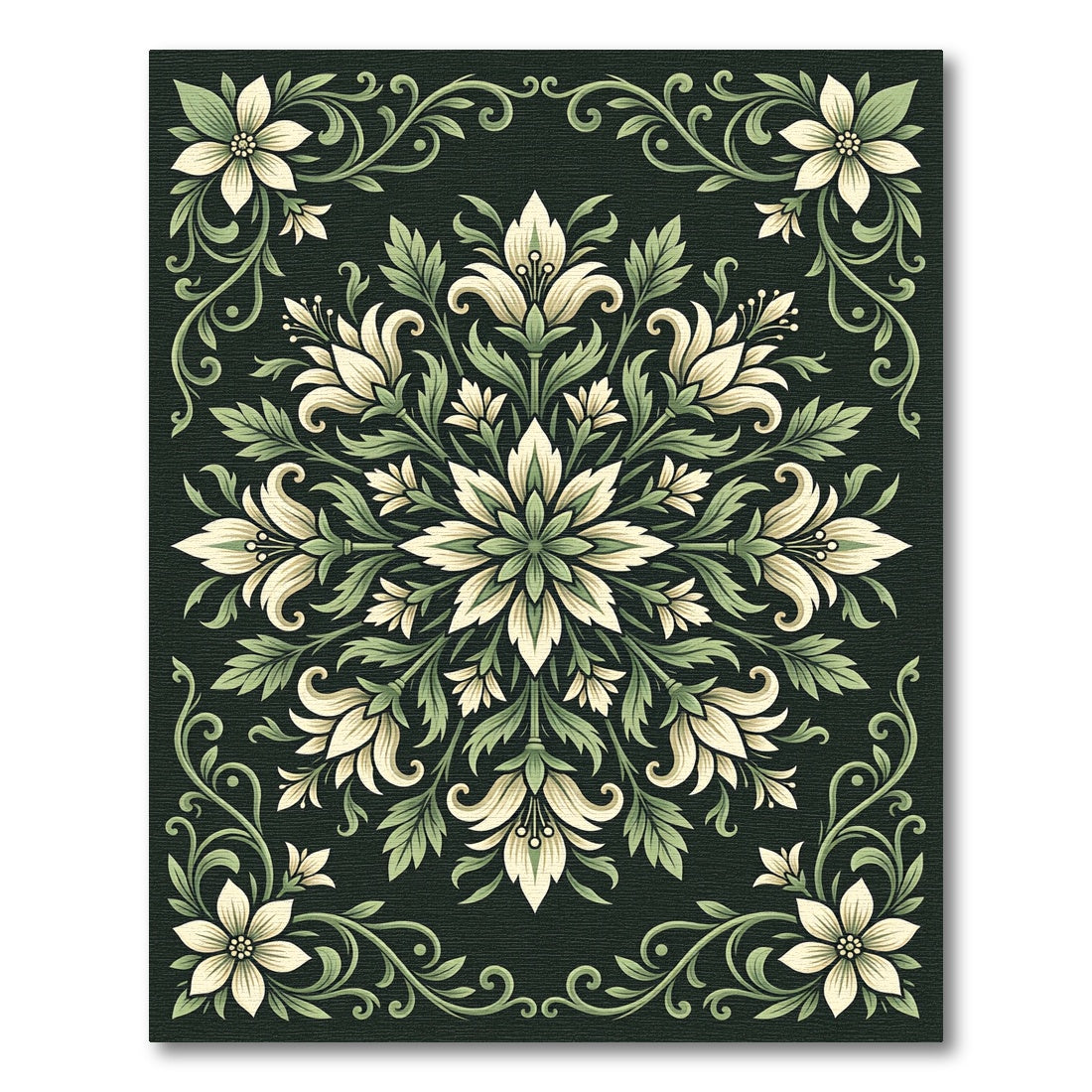 Elegant Cream and Sage Botanical Medallion Rug
