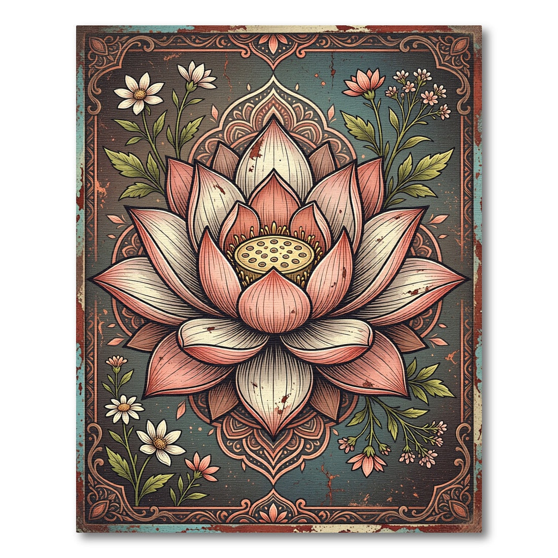 Vintage Pink Lotus Floral Medallion Rug
