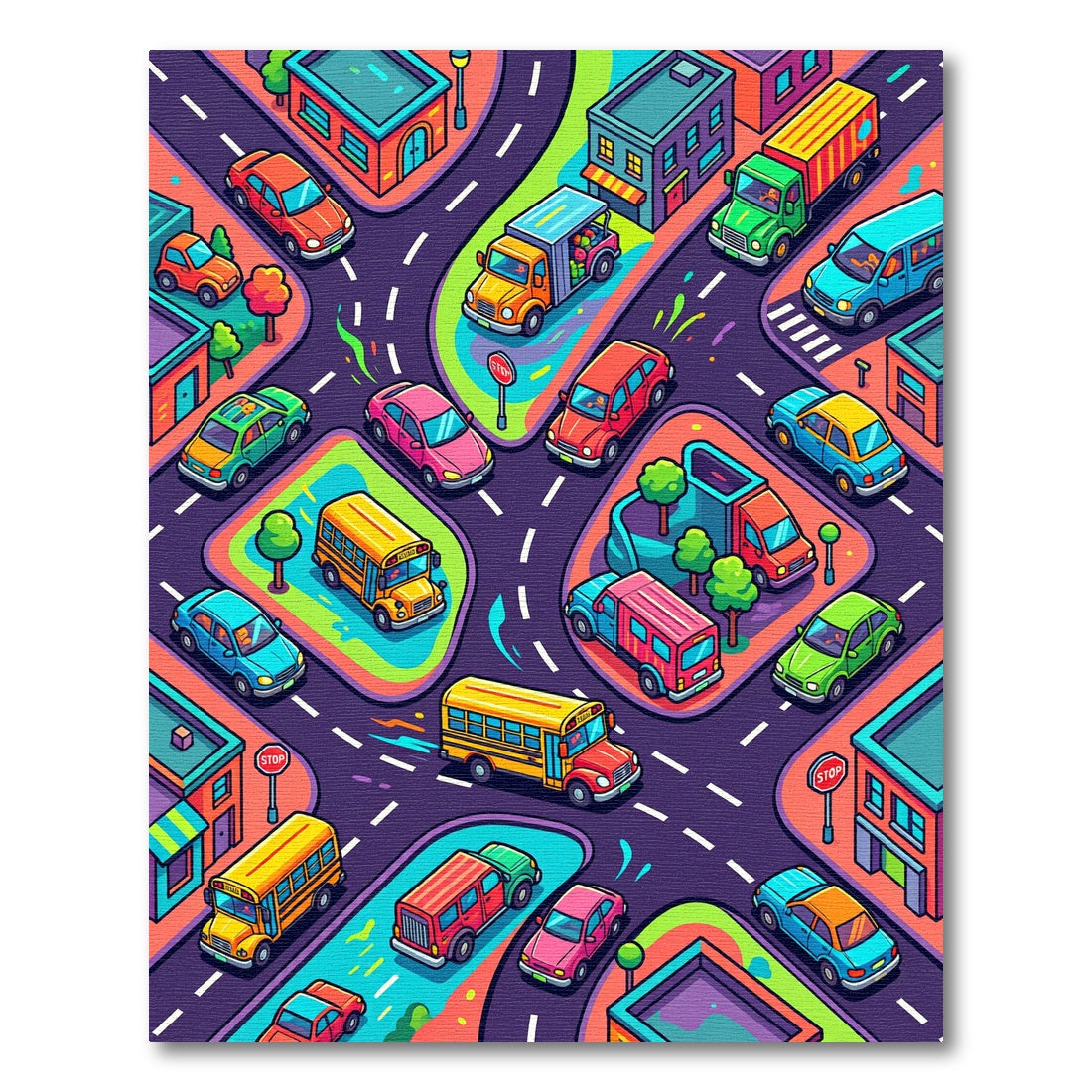 Vibrant Colorful Busy City Street Map Rug