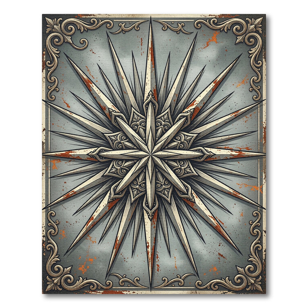 Rustic Metallic Starburst Compass Medallion Rug