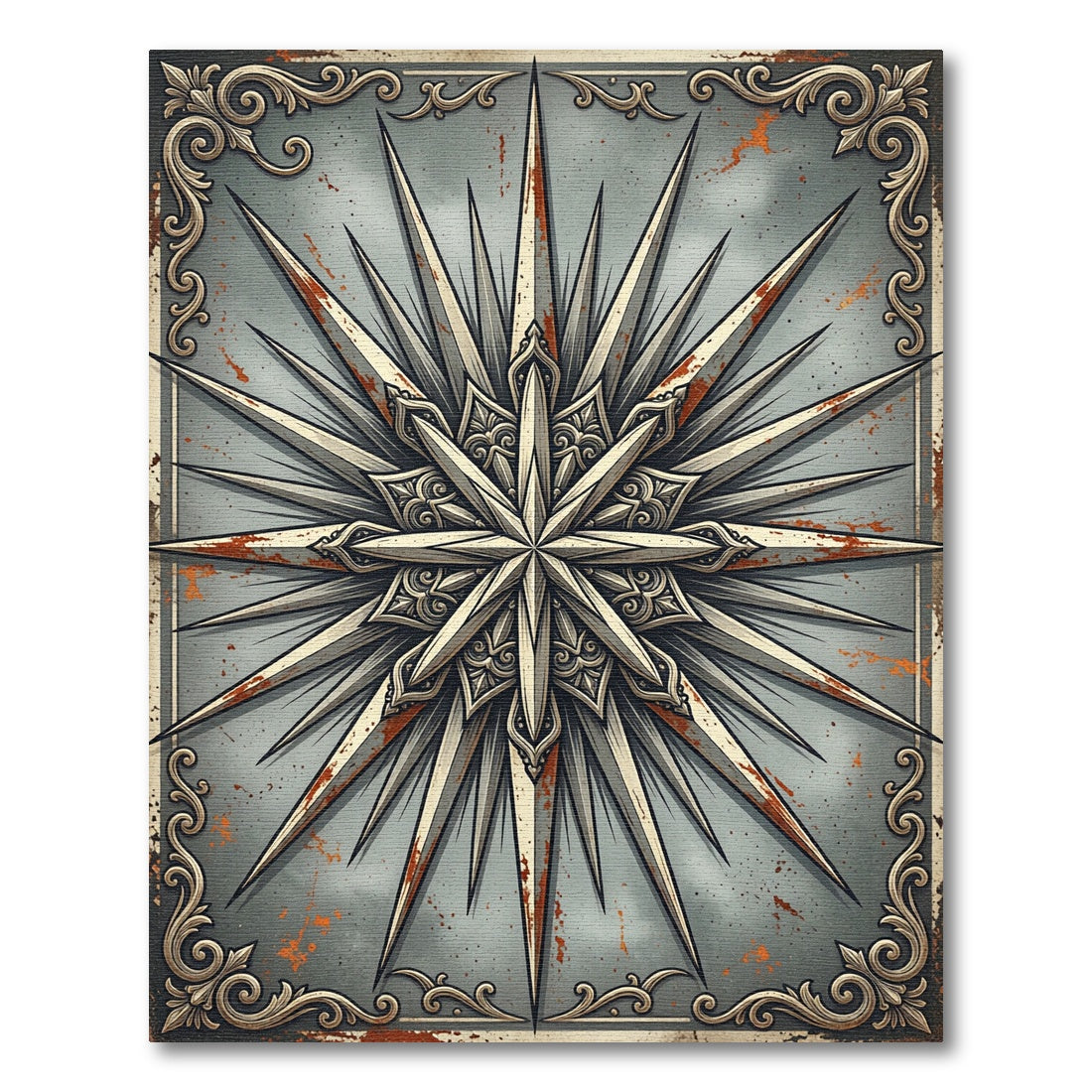 Rustic Metallic Starburst Compass Medallion Rug