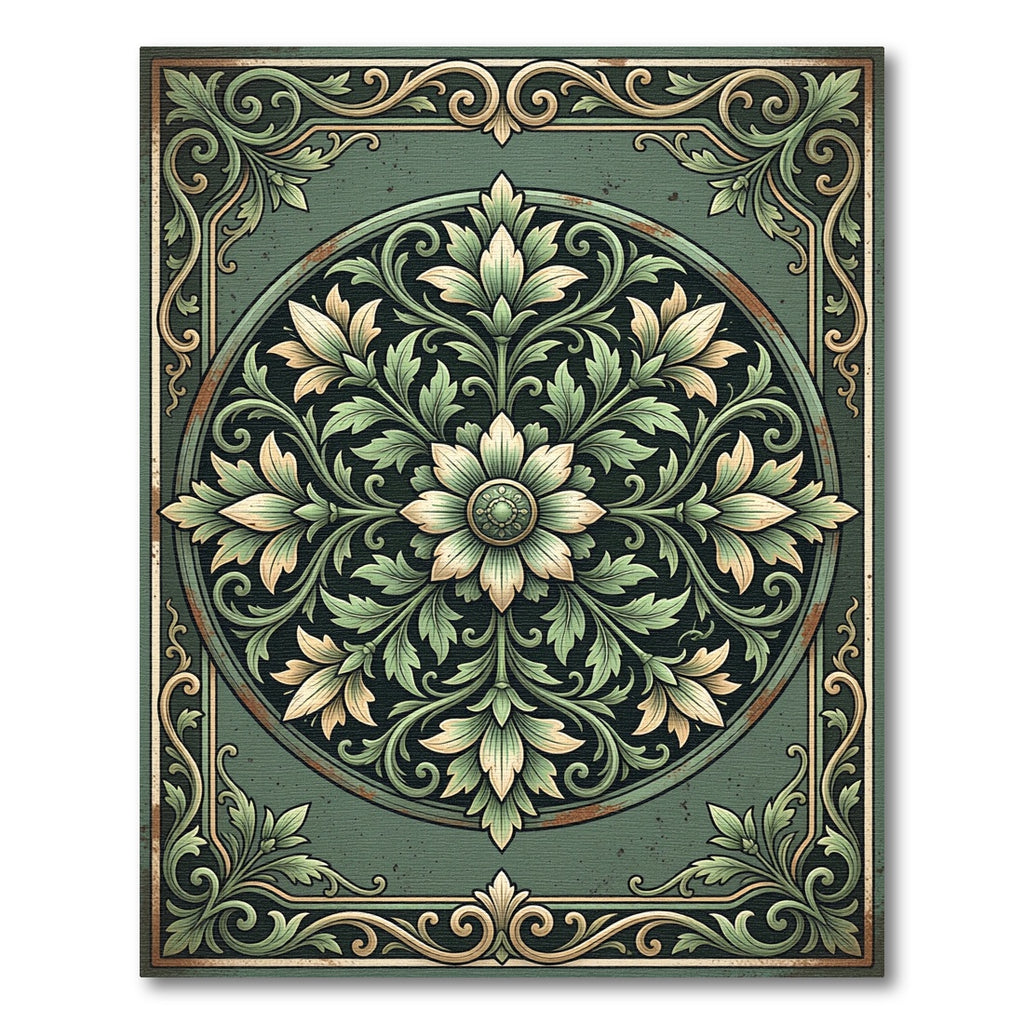 Vintage Sage Floral Art Deco Medallion Rug