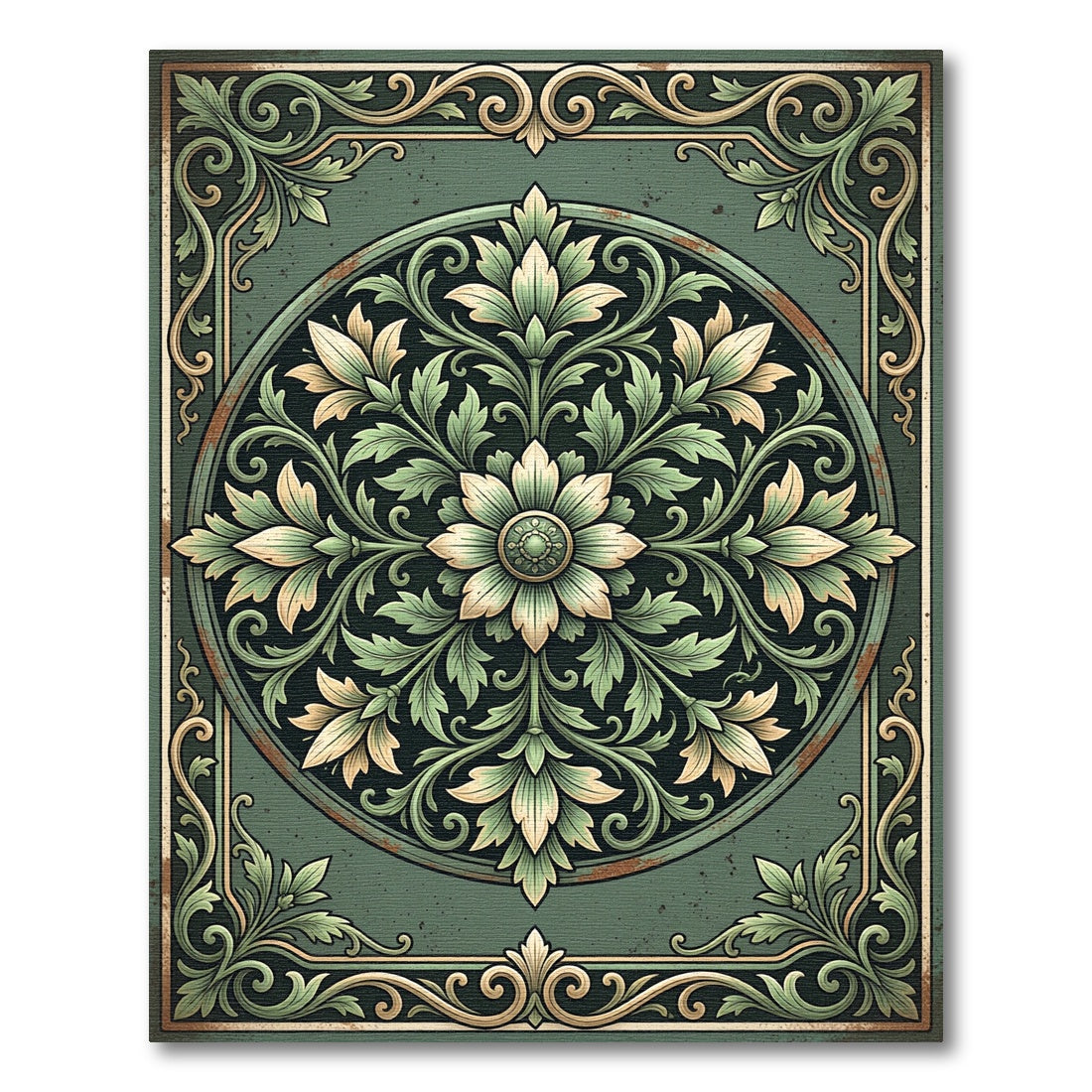 Vintage Sage Floral Art Deco Medallion Rug