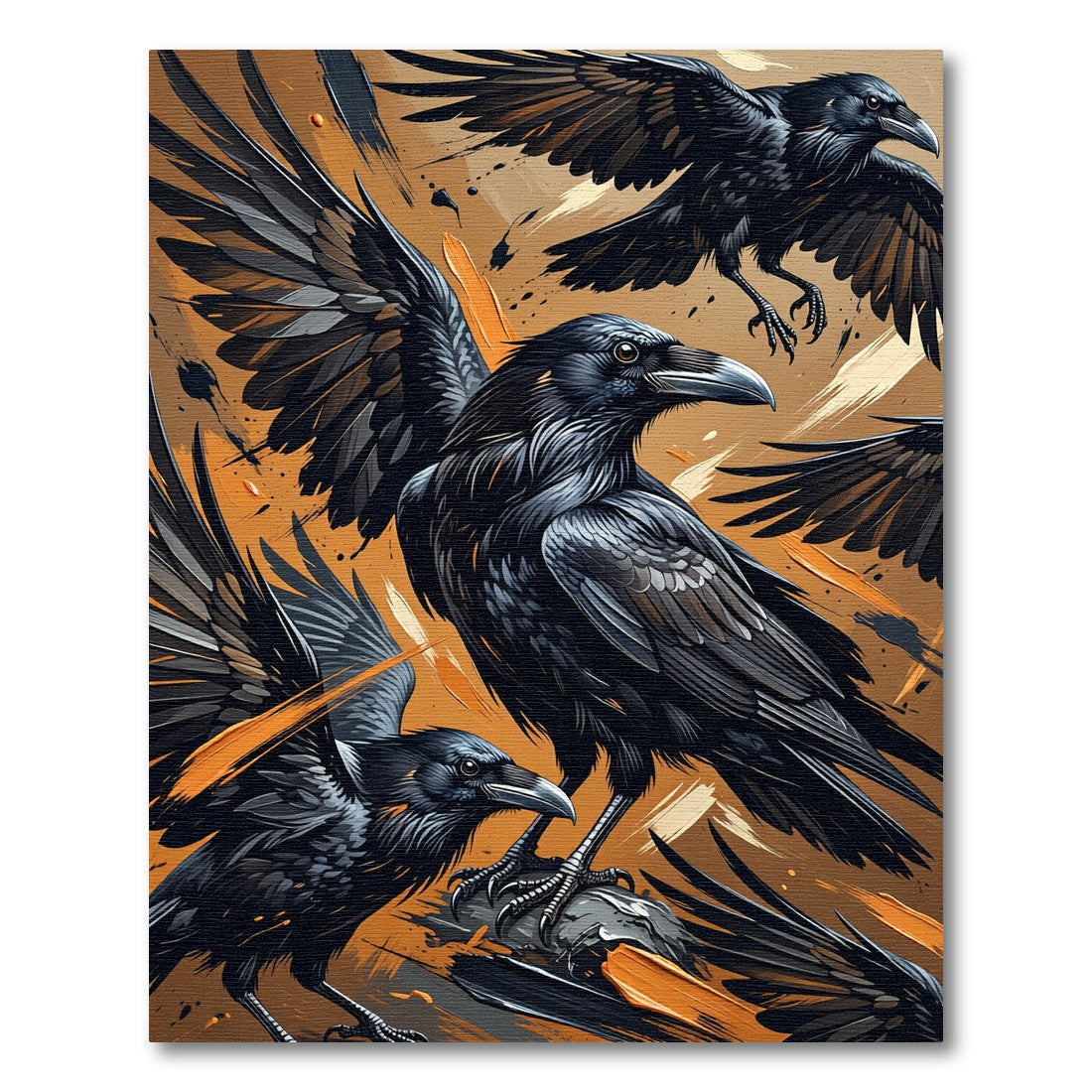 Dark Ravens With Orange Splatter Background Rug