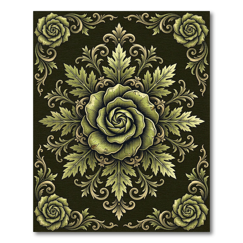 Ornate Sage Botanical Rose Medallion Rug