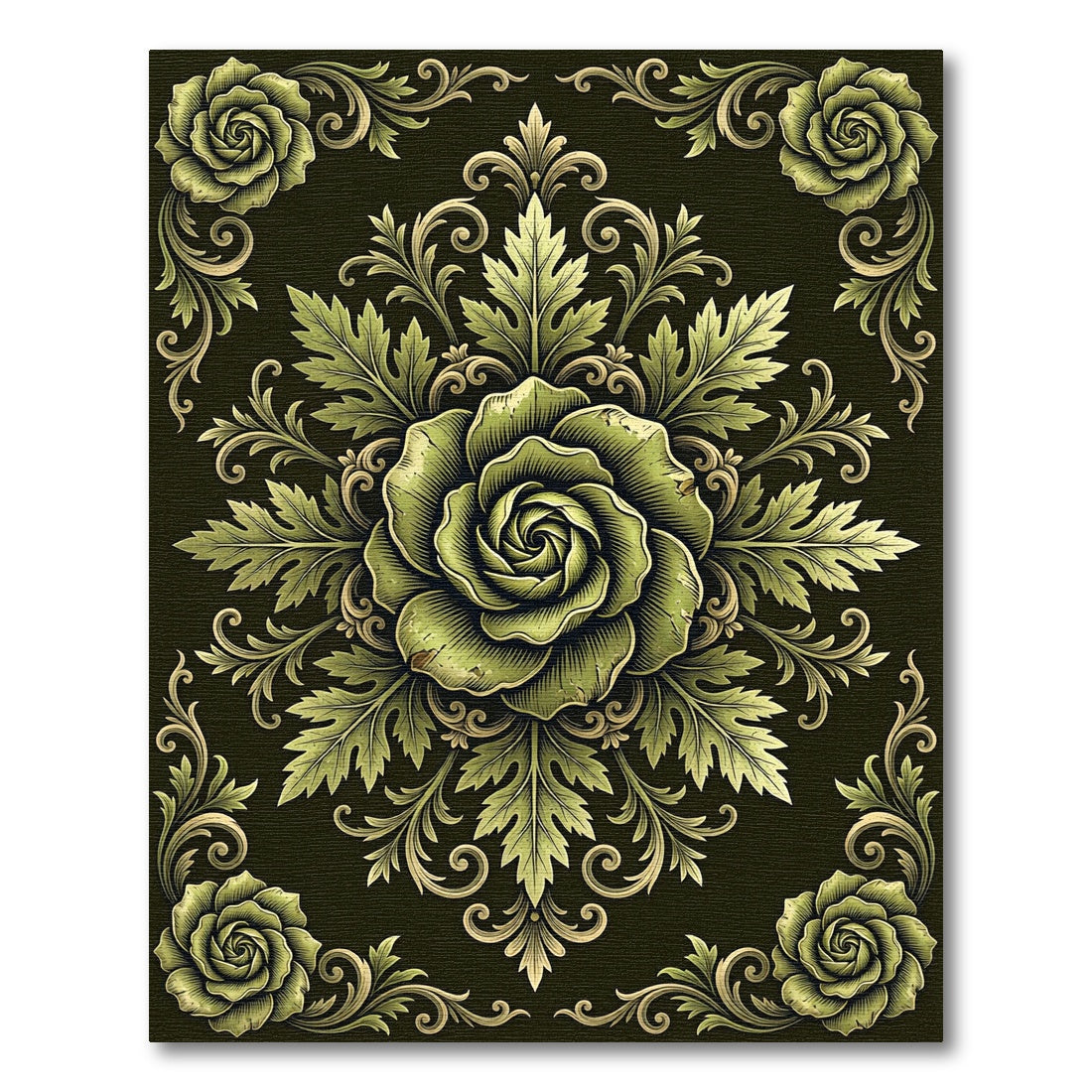 Ornate Sage Botanical Rose Medallion Rug
