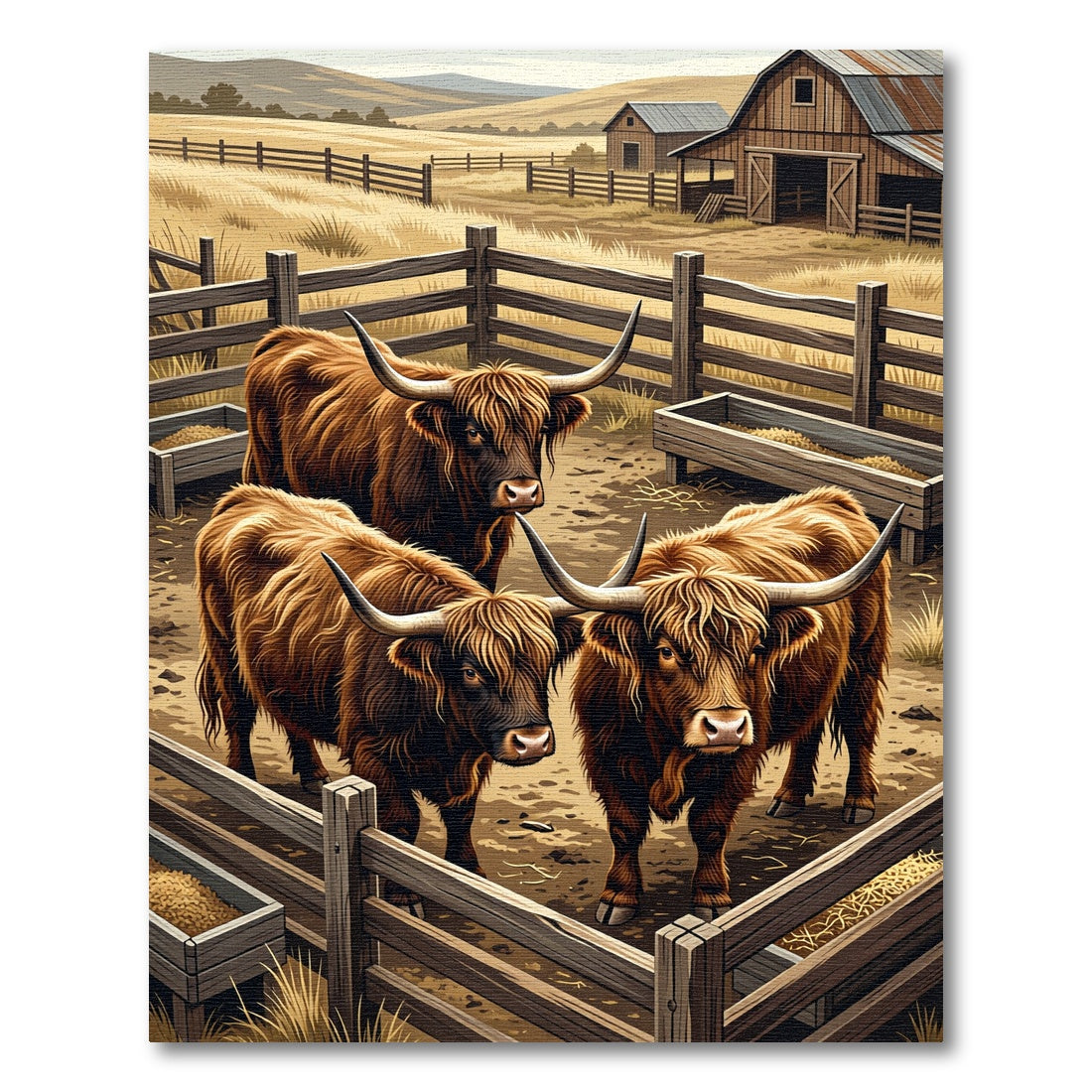Rustic Highland Cattle Farm Scene Rug