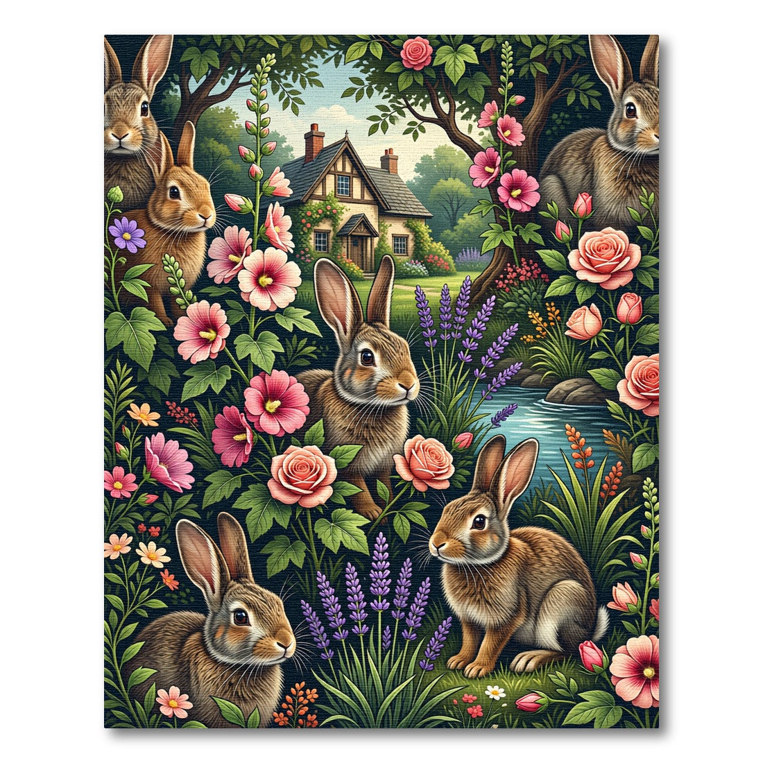 Whimsical Bunny and Floral Garden Rug