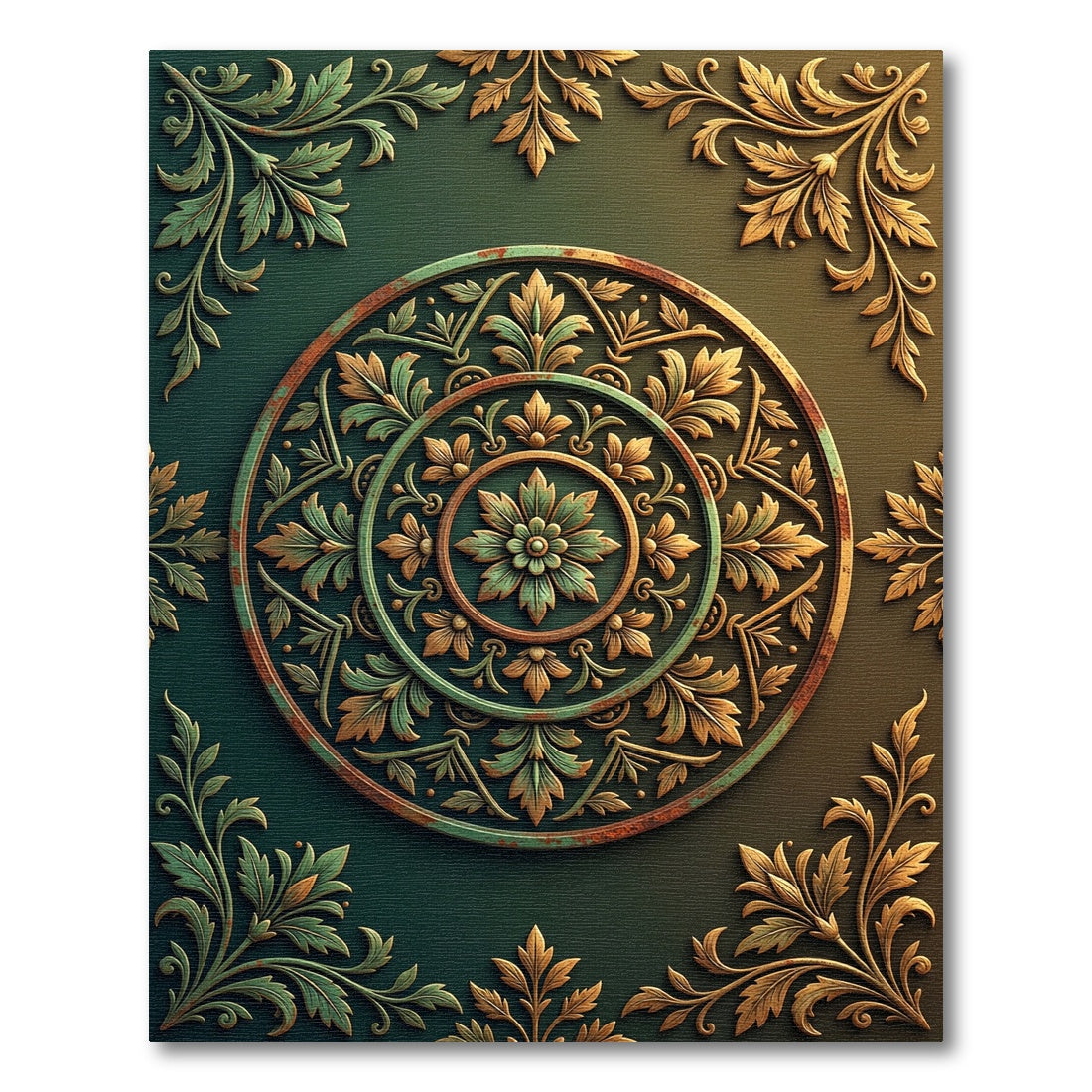 Ornate Bronze Teal Floral Medallion Rug
