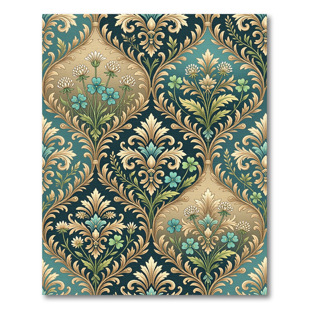Teal and Gold Floral Damask Medallion Rug