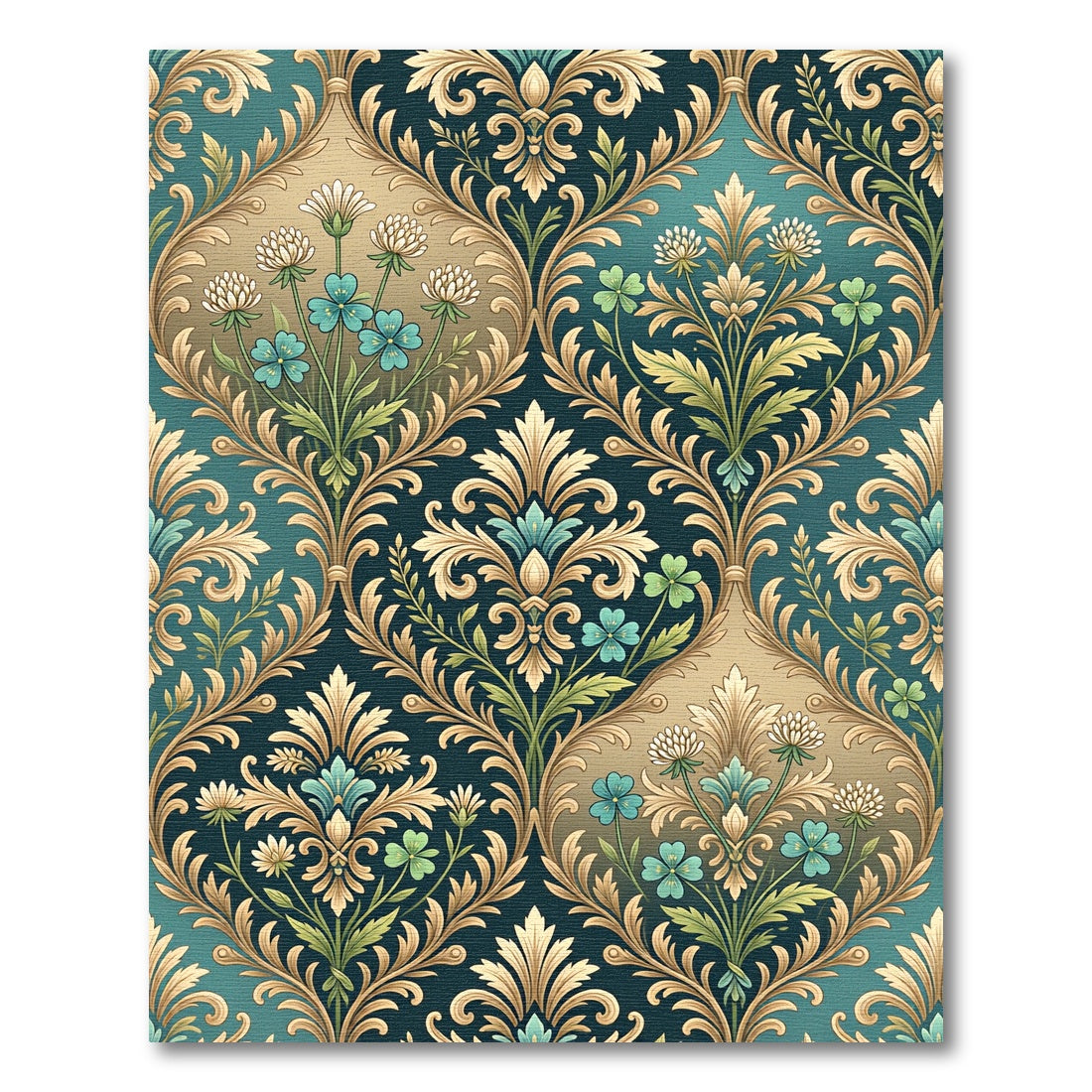 Teal and Gold Floral Damask Medallion Rug
