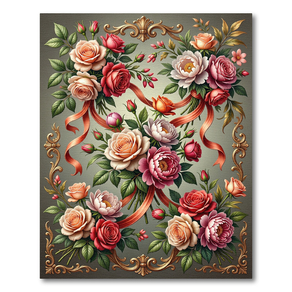 Elegant Rose Ribbon Floral Arrangement Rug