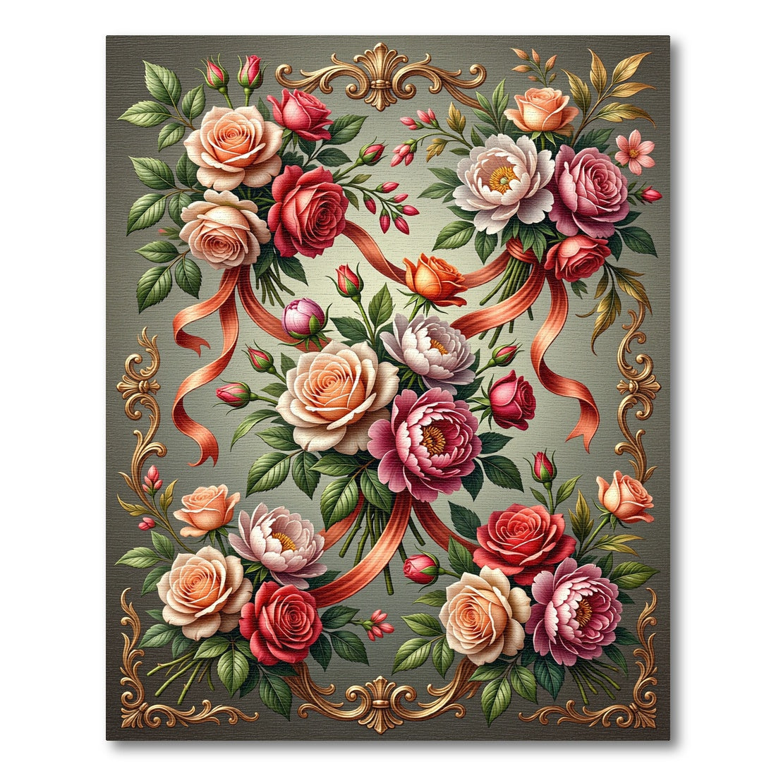 Elegant Rose Ribbon Floral Arrangement Rug